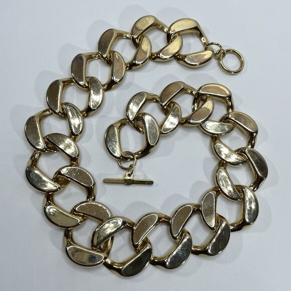 Gold Tone Chunky Large Curb Chain Link Necklace Toggle Clasp Boho Classic - Picture 2 of 8